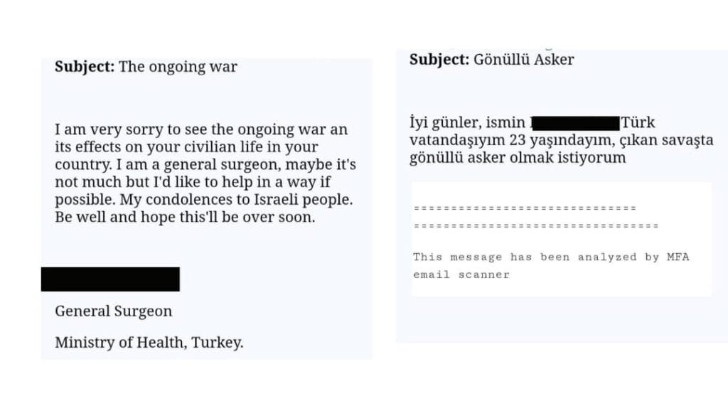 İsrail Ankara Büyükelçiliği görevlisi Nadav Markman, bir Türk’ün İsrail ordusuna gönüllü olarak katılmak için kendilerine mail attığını duyurdu.
