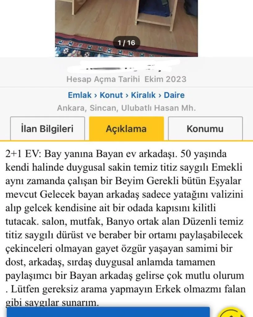 50 yaşında bir adamın, ilan sitesine verdiği kiralık dairenin açıklaması