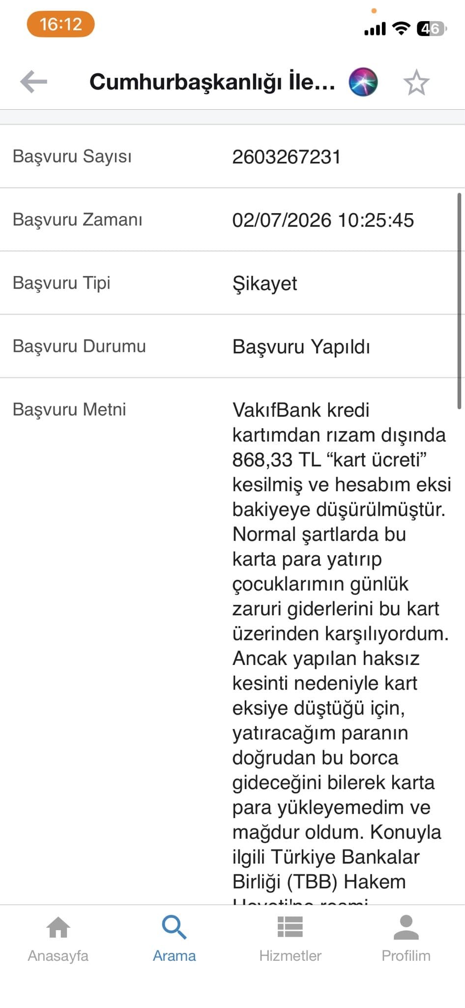CİMER VakıfBank kart aidatı şikayeti ve haksız faiz mağduriyeti resmi başvuru belgesi